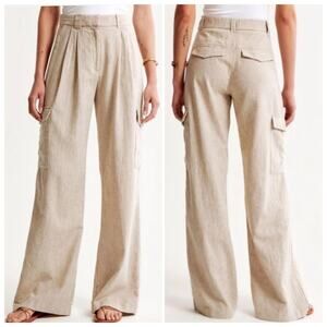 Abercrombie & Fitch NWT high waisted Linen blend cargo pants cream beige woven